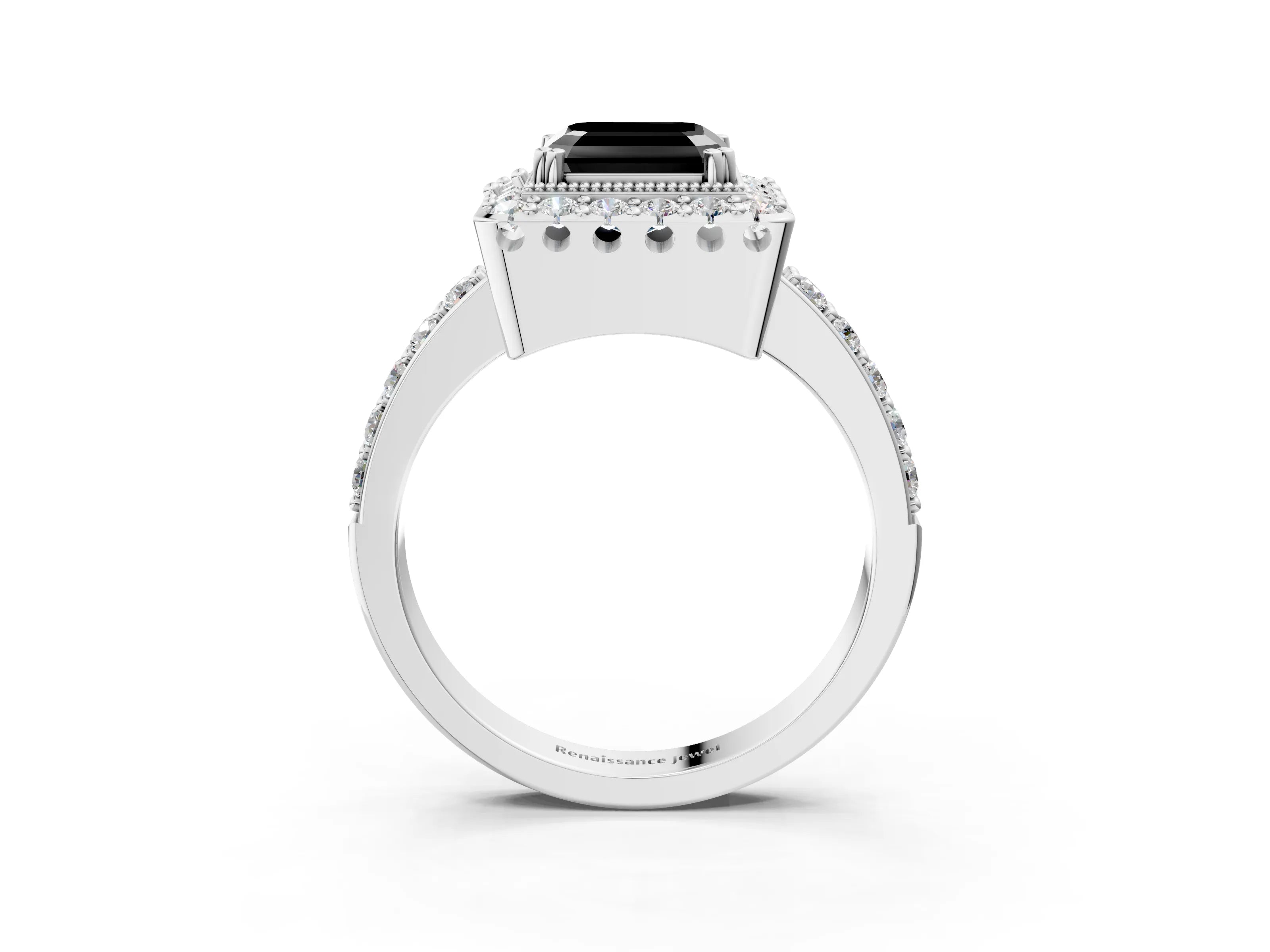 White gold Fancy Black Asscher Cut Diamond Halo Ring with Pavé Band and Prong Setting_3