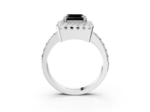 White gold Fancy Black Asscher Cut Diamond Halo Ring with Pavé Band and Prong Setting_3