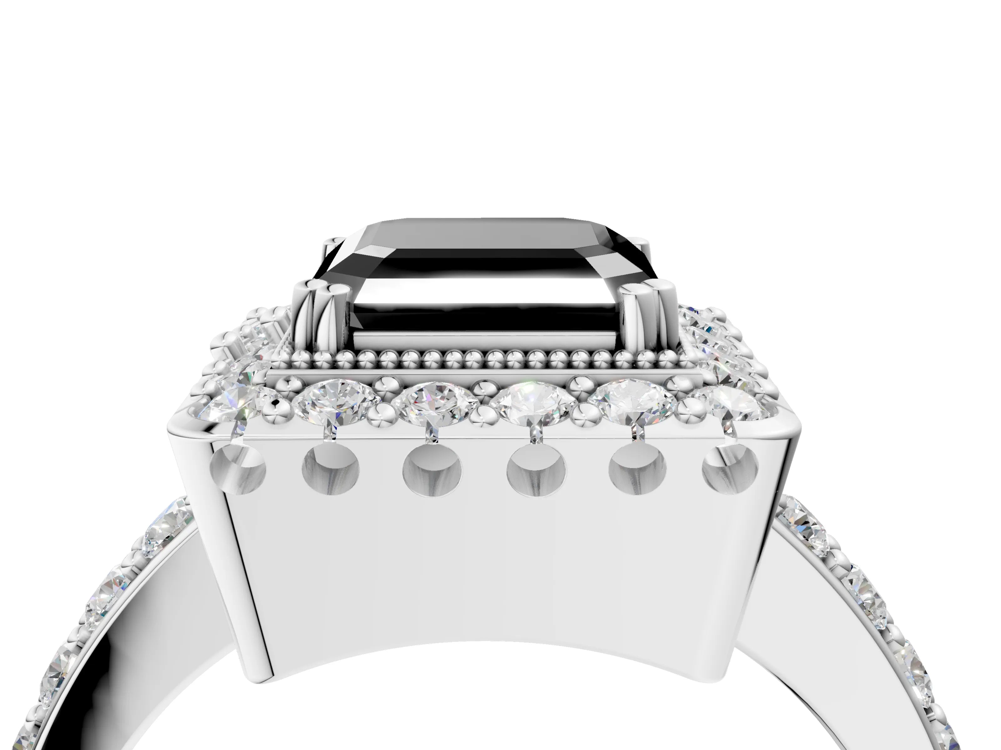 White gold Fancy Black Asscher Cut Diamond Halo Ring with Pavé Band and Prong Setting_4
