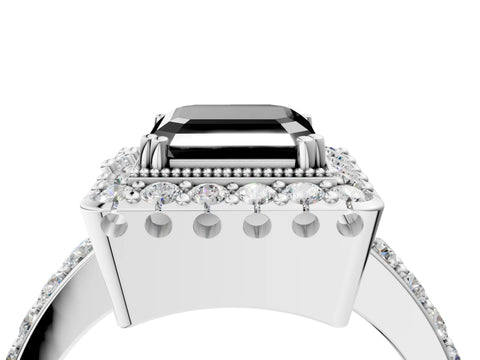 White gold Fancy Black Asscher Cut Diamond Halo Ring with Pavé Band and Prong Setting_4