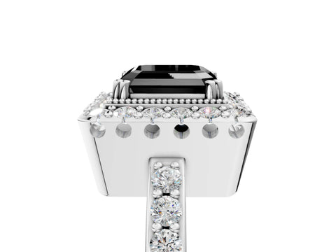White gold Fancy Black Asscher Cut Diamond Halo Ring with Pavé Band and Prong Setting_5