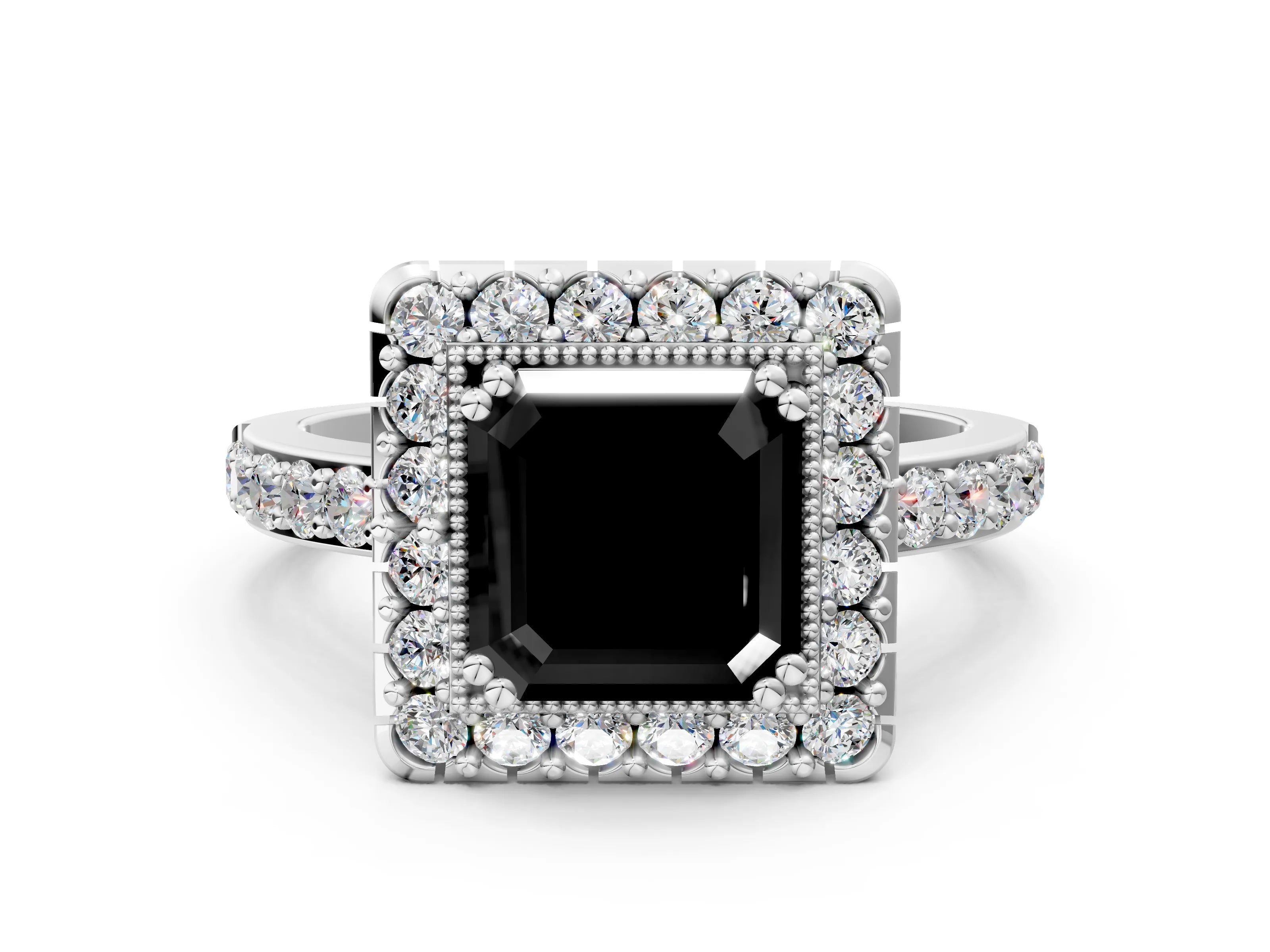 White gold Fancy Black Asscher Cut Diamond Halo Ring with Pavé Band and Prong Setting