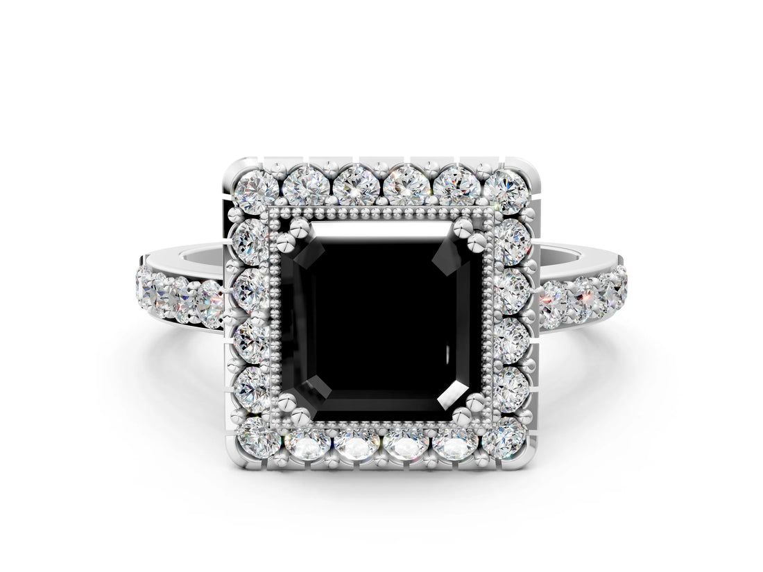 White gold Fancy Black Asscher Cut Diamond Halo Ring with Pavé Band and Prong Setting