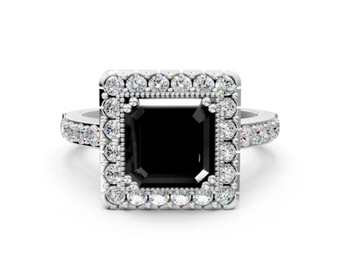 White gold Fancy Black Asscher Cut Diamond Halo Ring with Pavé Band and Prong Setting