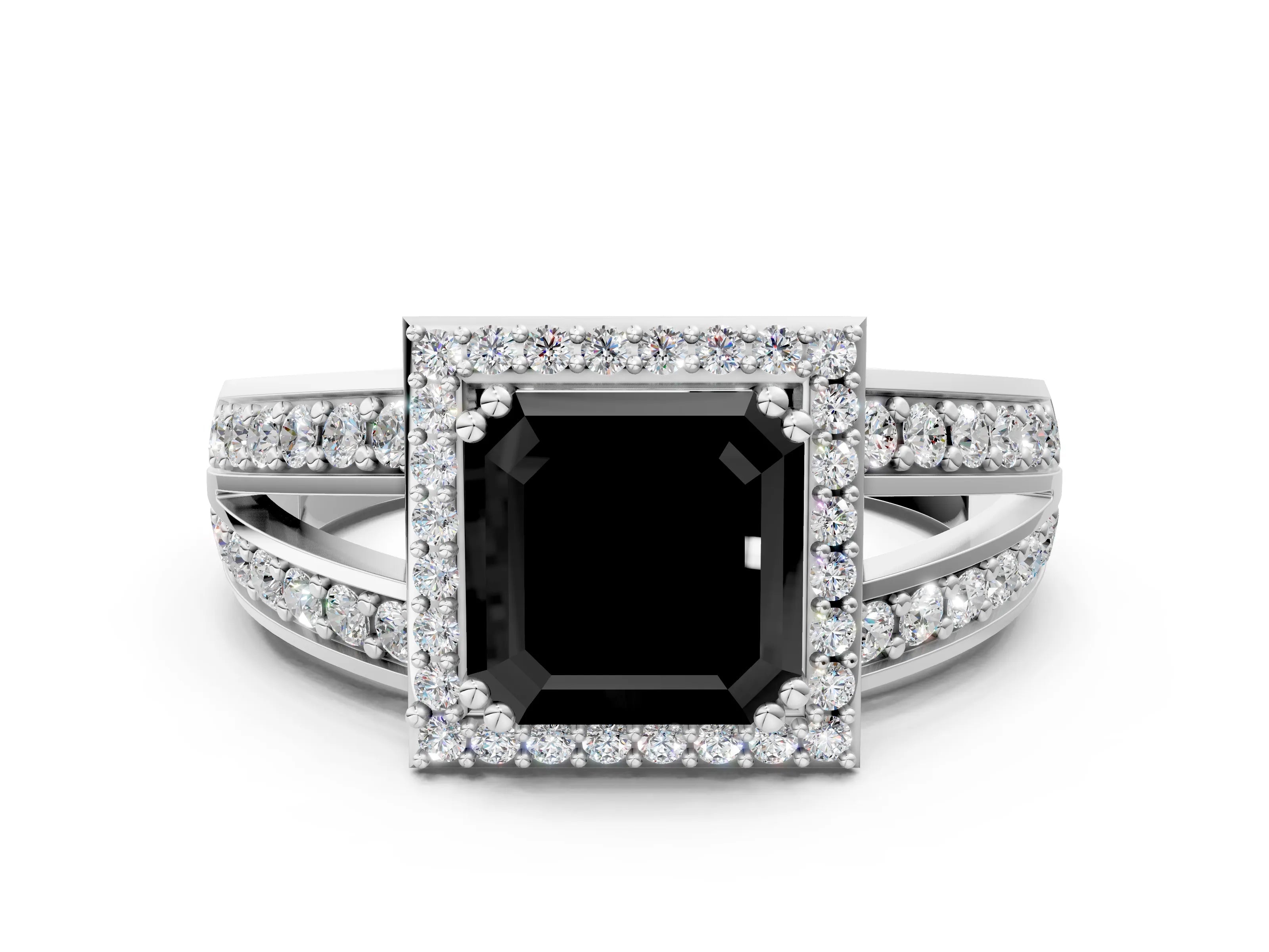White gold Fancy Black Asscher Cut Diamond Halo Ring with Split Shank Pavé Band and Four-Prong Setting