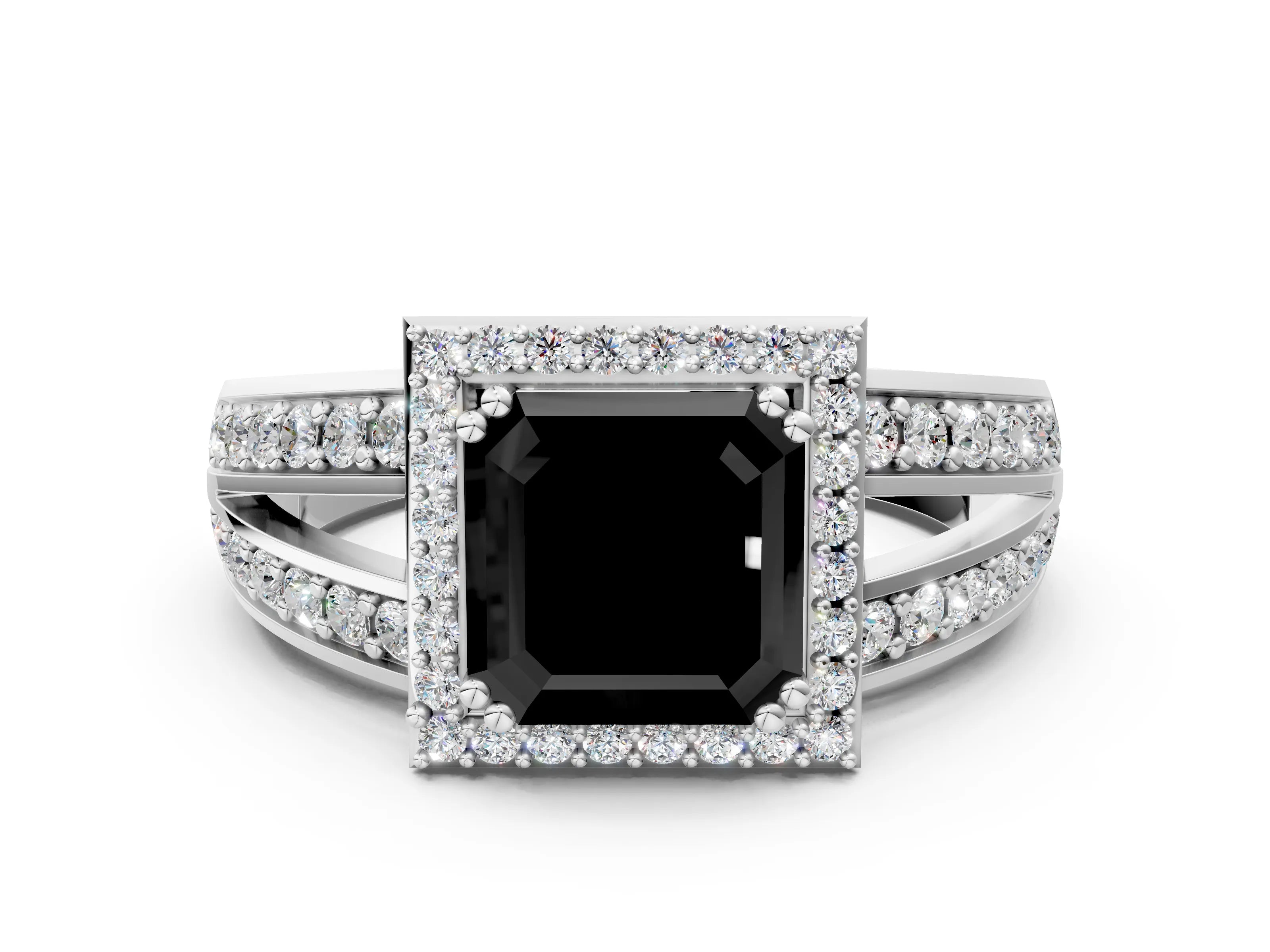 White gold Fancy Black Asscher Cut Diamond Halo Ring with Split Shank Pavé Band and Four-Prong Setting_12