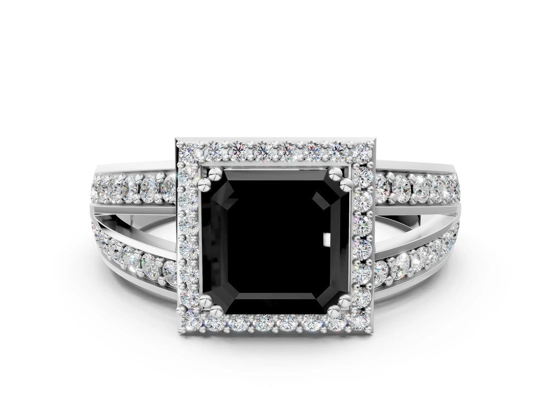 White gold Fancy Black Asscher Cut Diamond Halo Ring with Split Shank Pavé Band and Four-Prong Setting_12