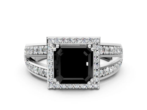 White gold Fancy Black Asscher Cut Diamond Halo Ring with Split Shank Pavé Band and Four-Prong Setting_12