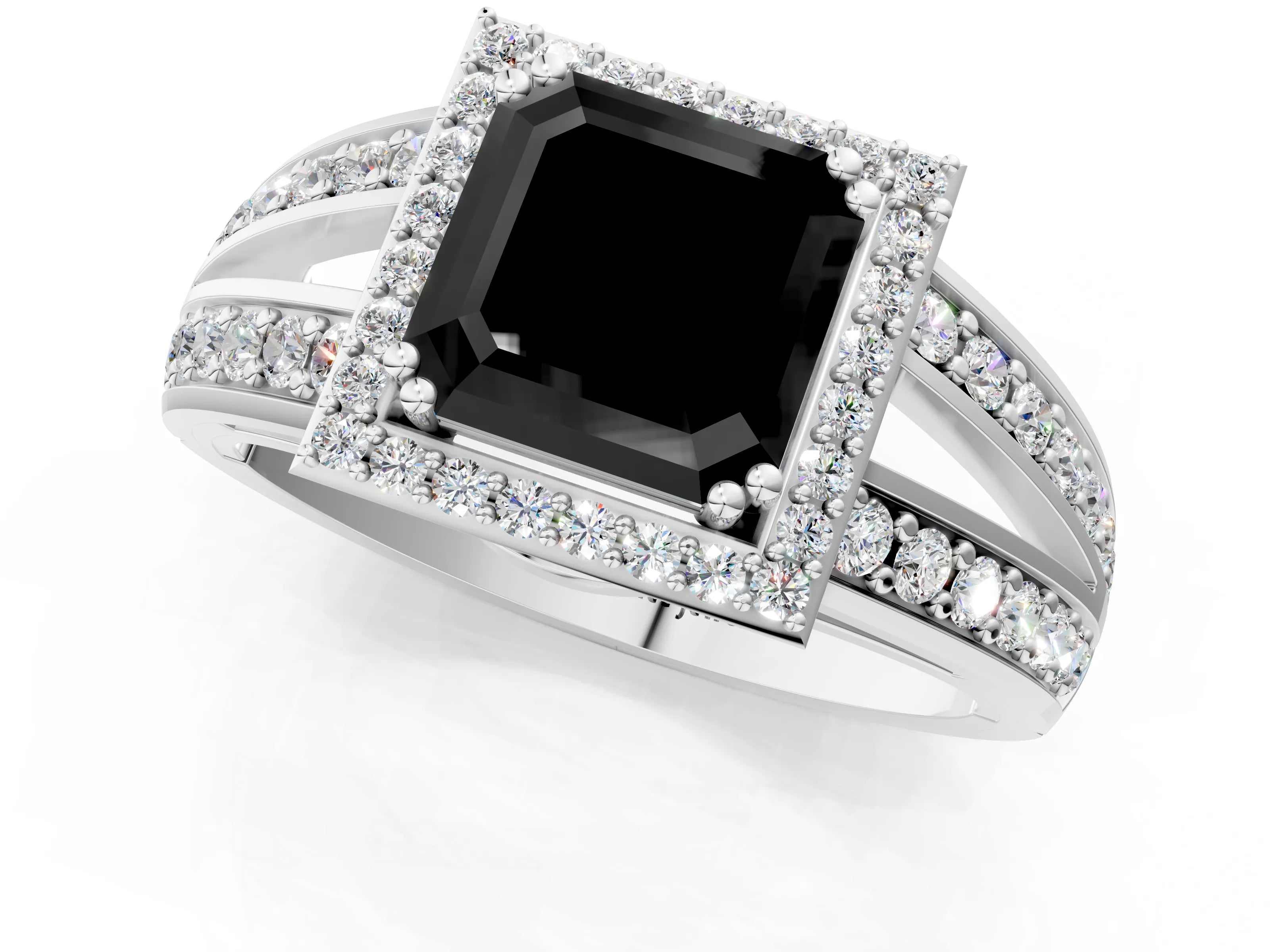White gold Fancy Black Asscher Cut Diamond Halo Ring with Split Shank Pavé Band and Four-Prong Setting_13