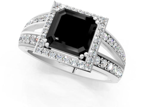 White gold Fancy Black Asscher Cut Diamond Halo Ring with Split Shank Pavé Band and Four-Prong Setting_13