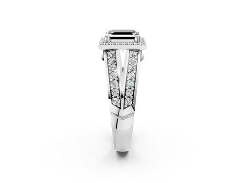 White gold Fancy Black Asscher Cut Diamond Halo Ring with Split Shank Pavé Band and Four-Prong Setting_14