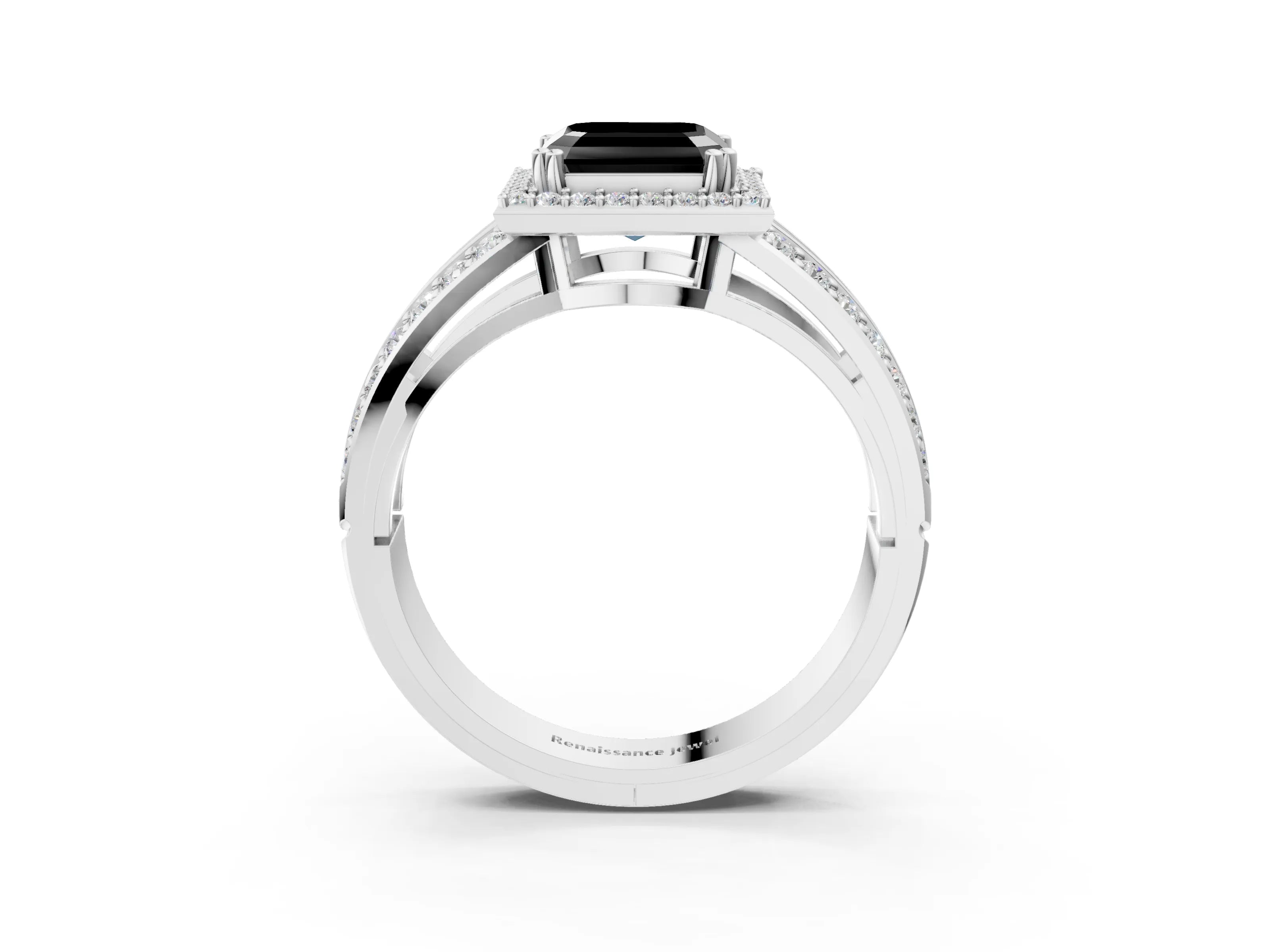 White gold Fancy Black Asscher Cut Diamond Halo Ring with Split Shank Pavé Band and Four-Prong Setting_15