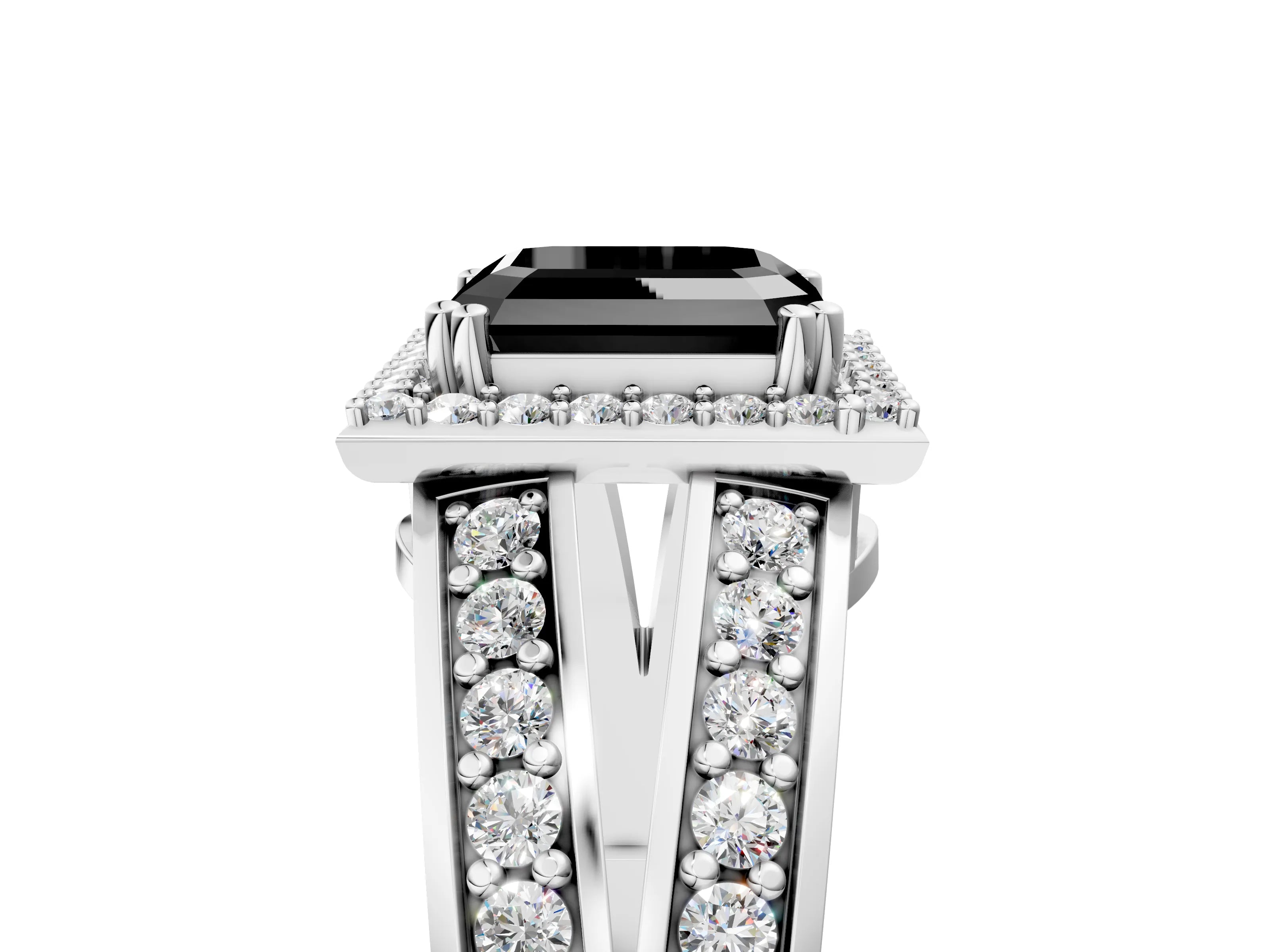 White gold Fancy Black Asscher Cut Diamond Halo Ring with Split Shank Pavé Band and Four-Prong Setting_17