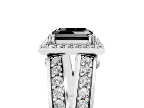 White gold Fancy Black Asscher Cut Diamond Halo Ring with Split Shank Pavé Band and Four-Prong Setting_17