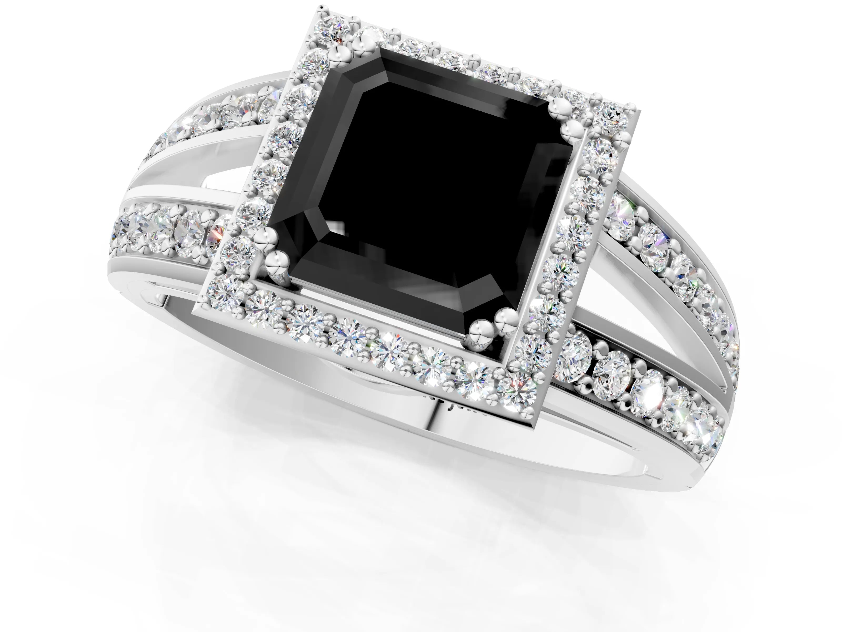 White gold Fancy Black Asscher Cut Diamond Halo Ring with Split Shank Pavé Band and Four-Prong Setting_1