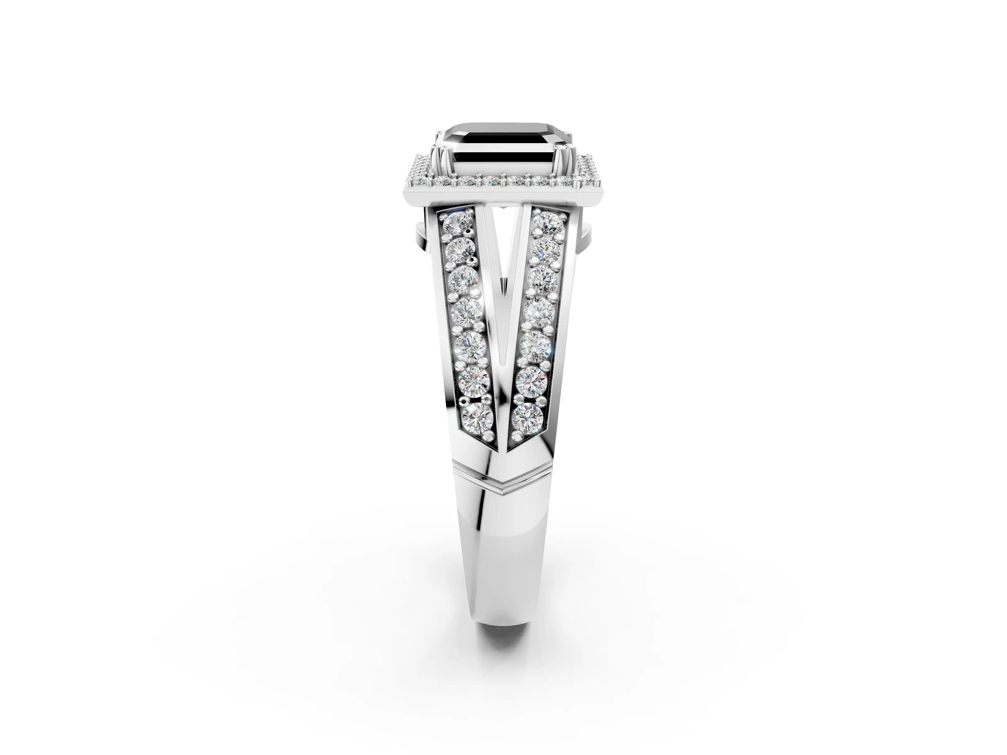 White gold Fancy Black Asscher Cut Diamond Halo Ring with Split Shank Pavé Band and Four-Prong Setting_2