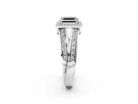 White gold Fancy Black Asscher Cut Diamond Halo Ring with Split Shank Pavé Band and Four-Prong Setting_2