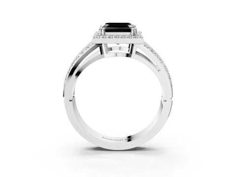 White gold Fancy Black Asscher Cut Diamond Halo Ring with Split Shank Pavé Band and Four-Prong Setting_3