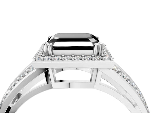 White gold Fancy Black Asscher Cut Diamond Halo Ring with Split Shank Pavé Band and Four-Prong Setting_4