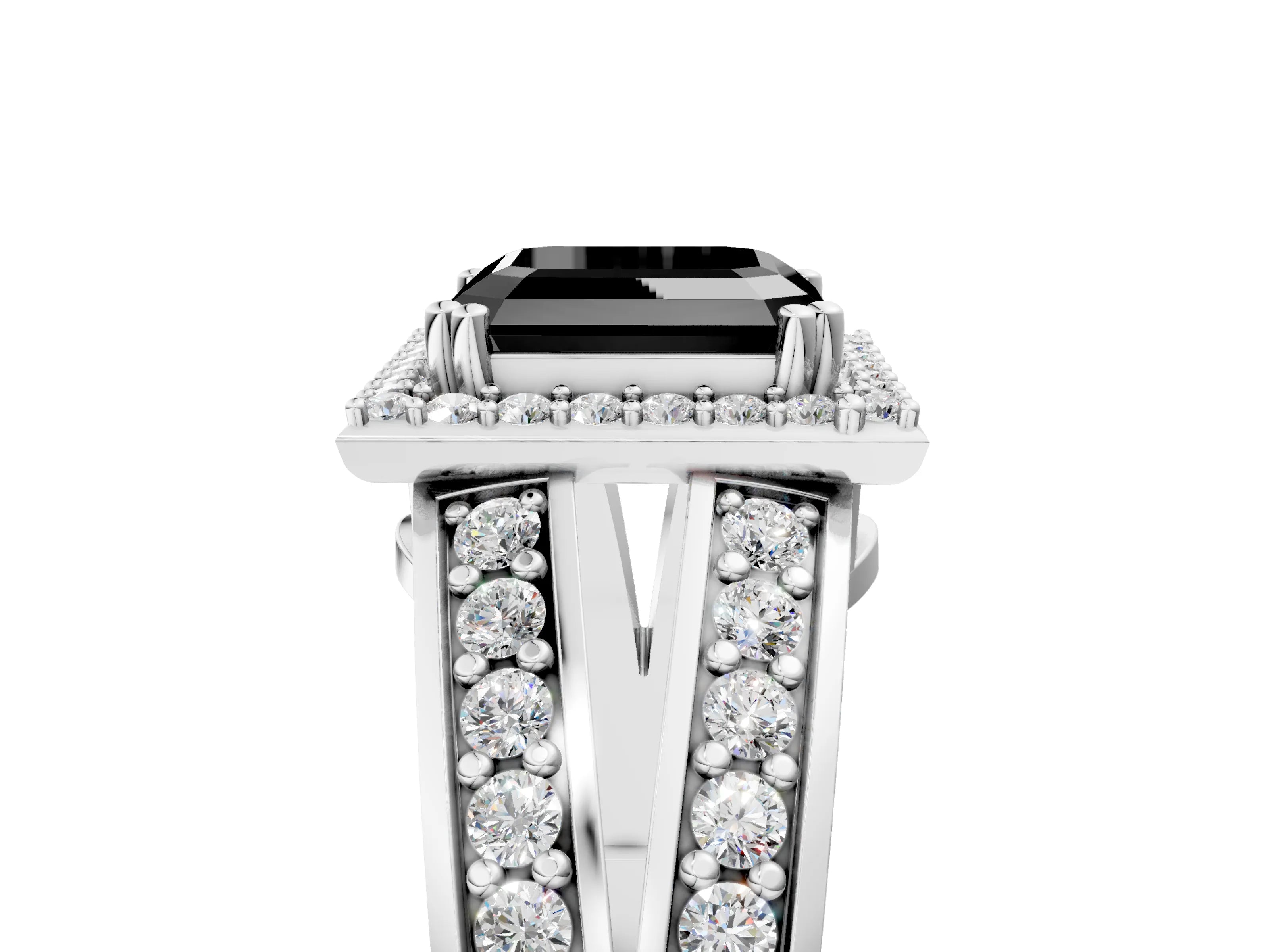 White gold Fancy Black Asscher Cut Diamond Halo Ring with Split Shank Pavé Band and Four-Prong Setting_5