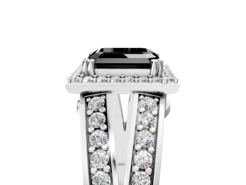 White gold Fancy Black Asscher Cut Diamond Halo Ring with Split Shank Pavé Band and Four-Prong Setting_5