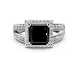 White gold Fancy Black Asscher Cut Diamond Halo Ring with Split Shank Pavé Band and Four-Prong Setting