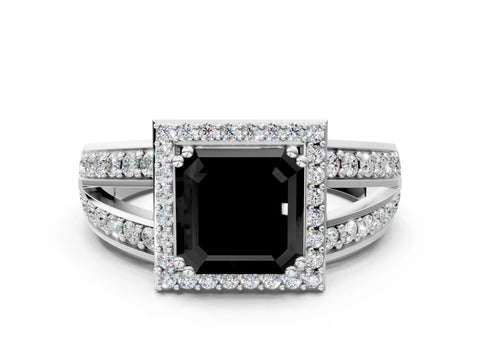 White gold Fancy Black Asscher Cut Diamond Halo Ring with Split Shank Pavé Band and Four-Prong Setting