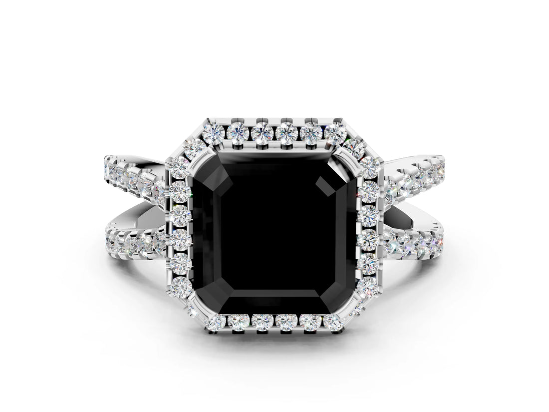 White gold Fancy Black Asscher Cut Diamond Halo Ring with Split Shank Pavé Band and Prong Setting_12