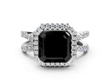 White gold Fancy Black Asscher Cut Diamond Halo Ring with Split Shank Pavé Band and Prong Setting_12