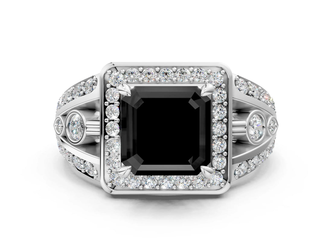 White gold Fancy Black Asscher Cut Diamond Halo Ring with Split Shank and Bezel Accents and Four-Prong Setting
