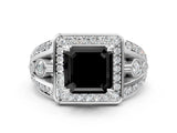White gold Fancy Black Asscher Cut Diamond Halo Ring with Split Shank and Bezel Accents and Four-Prong Setting