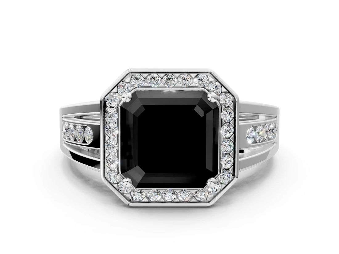 White gold Fancy Black Asscher Cut Diamond Halo Ring with Split Shank and Bezel Accents and Prong Setting