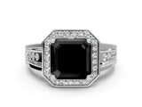 White gold Fancy Black Asscher Cut Diamond Halo Ring with Split Shank and Bezel Accents and Prong Setting