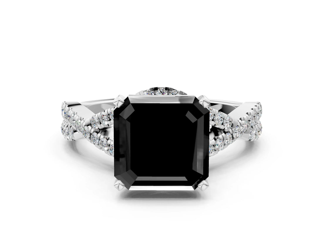 White gold Fancy Black Asscher Cut Diamond Halo Twist Band Solitaire Prong Setting Ring