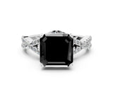 White gold Fancy Black Asscher Cut Diamond Halo Twist Band Solitaire Prong Setting Ring