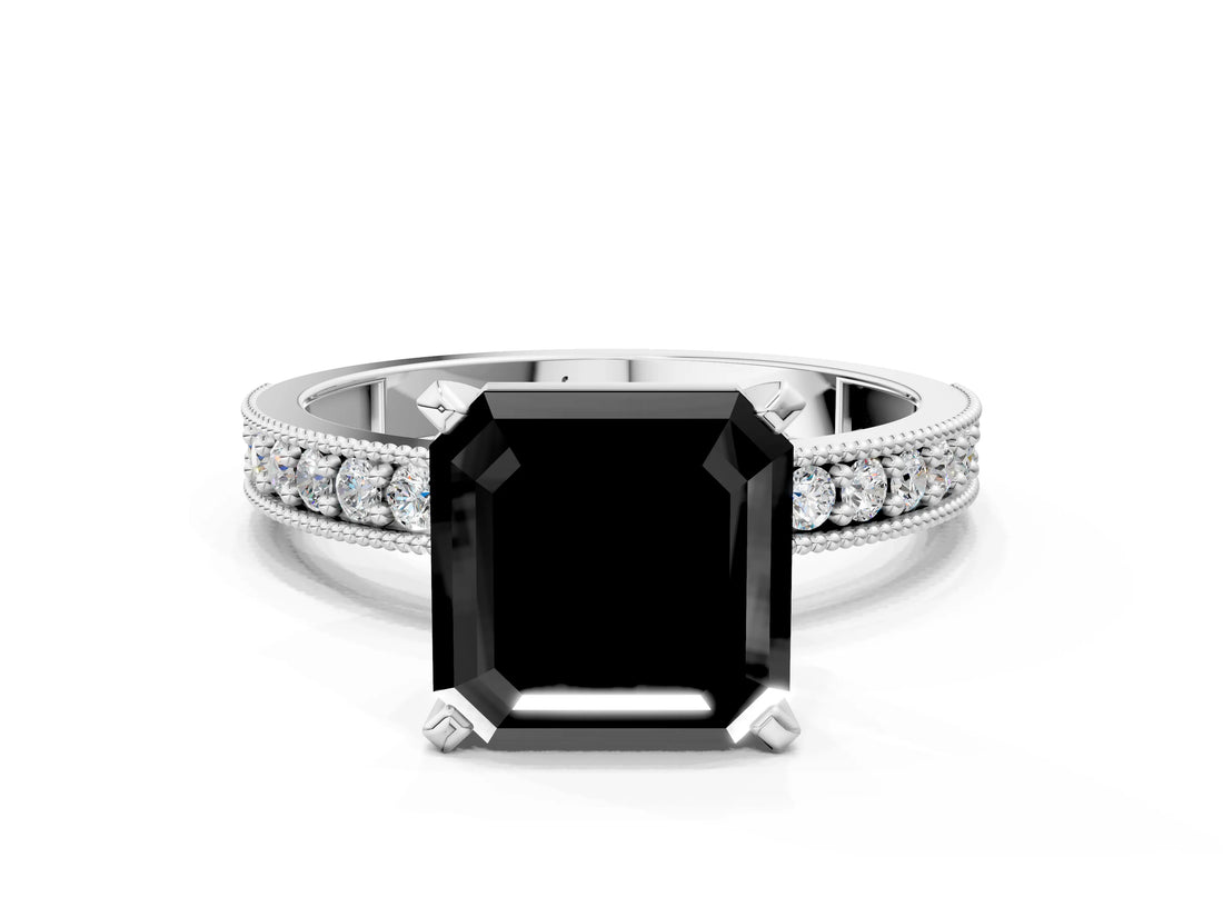 White gold Fancy Black Asscher Cut Diamond Milgrain Pavé Engagement Ring with Four-Prong Setting
