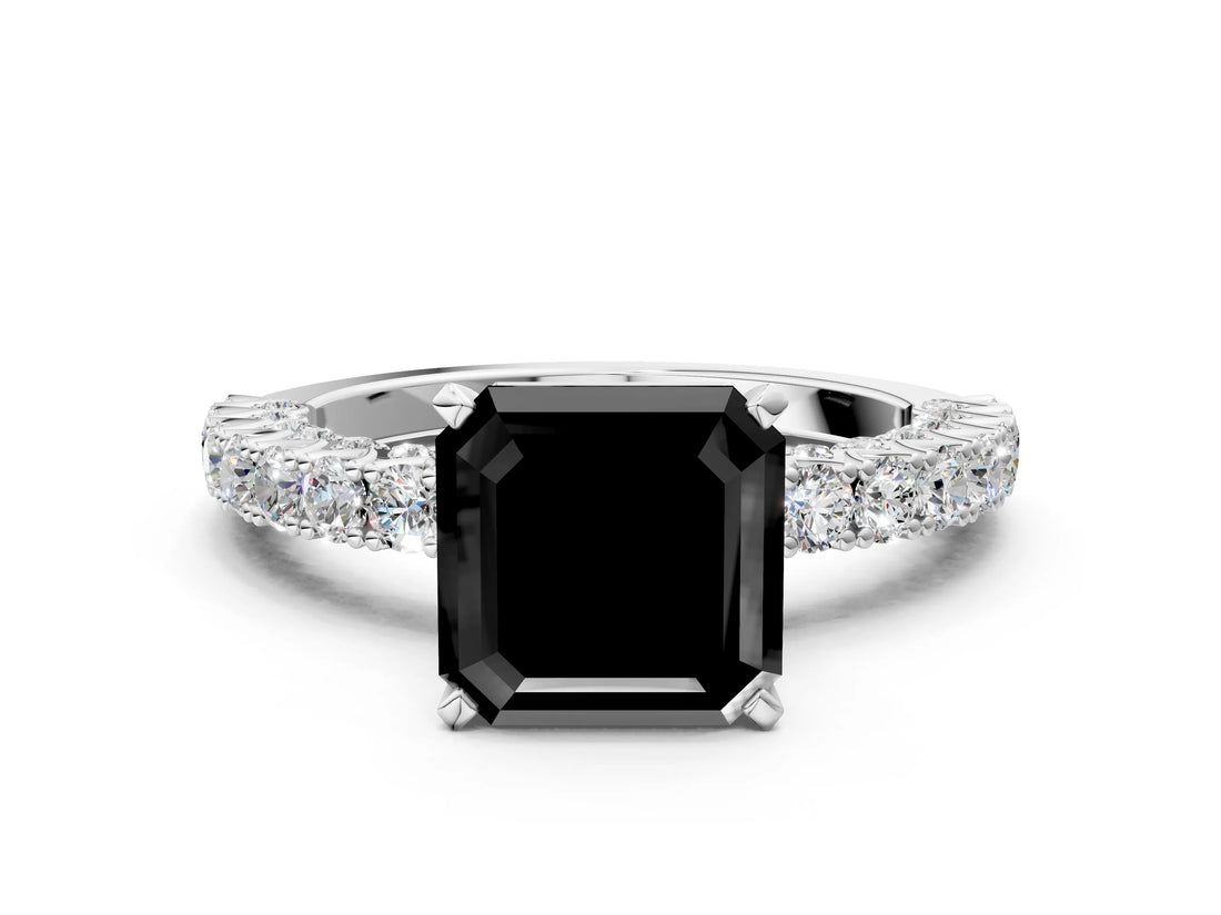 White gold Fancy Black Asscher Cut Diamond Pavé Band Solitaire Ring with Prong Setting_12