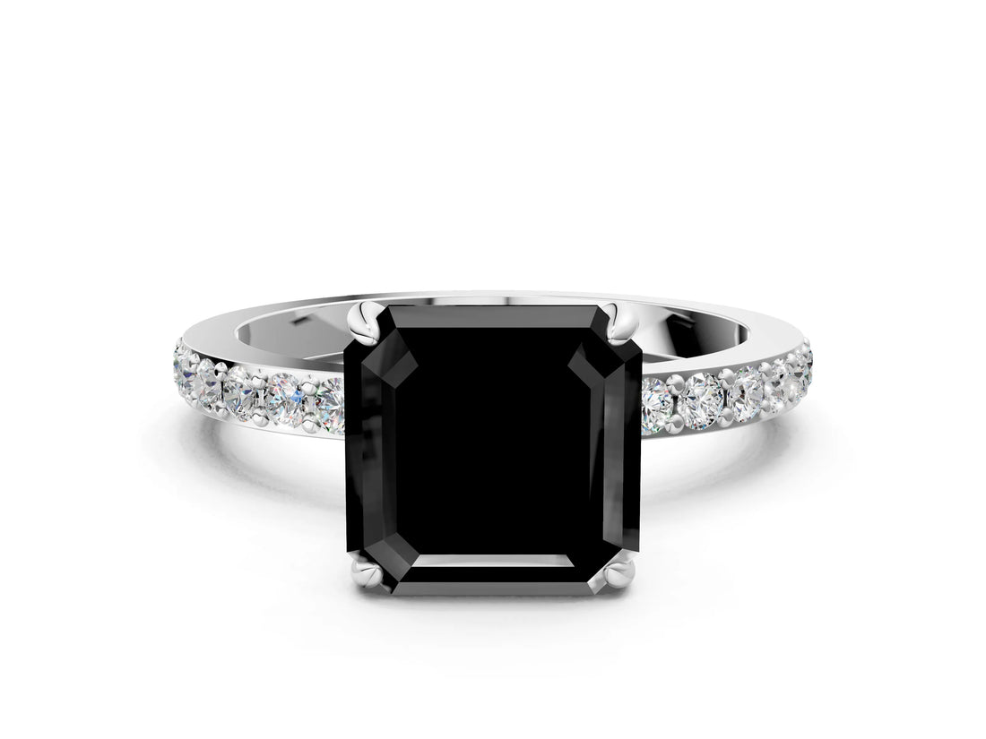 White gold Fancy Black Asscher Cut Diamond Pavé Engagement Ring with Round  Accents and Prong Setting_24