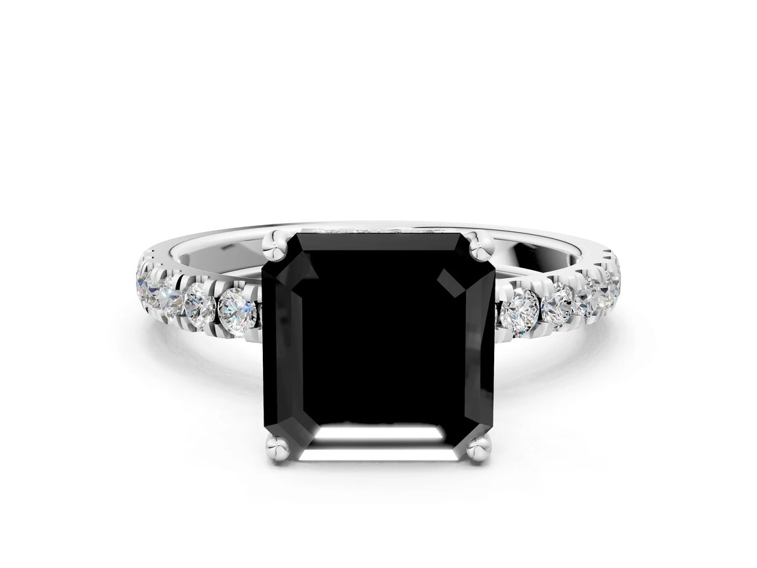 White gold Fancy Black Asscher Cut Diamond Pave Band Solitaire Ring with Round  and Prong Setting_72