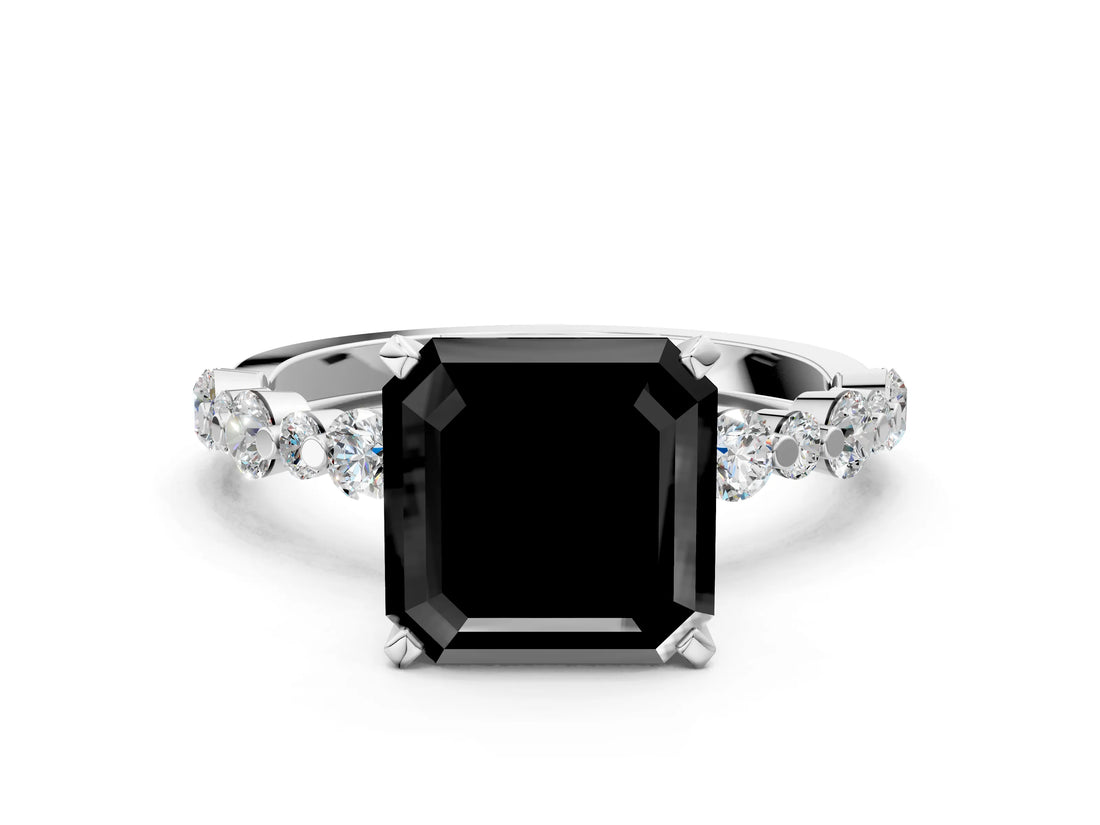 White gold Fancy Black Asscher Cut Diamond Prong Set Engagement Ring with Pave Band