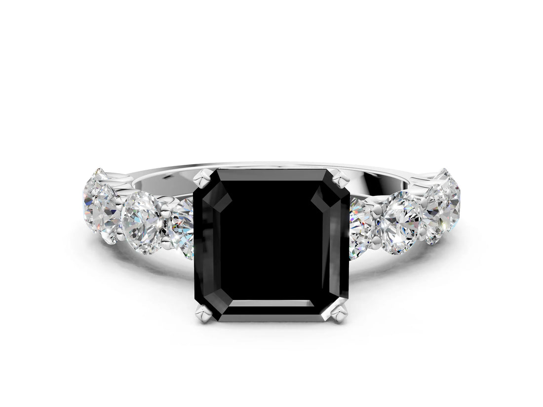 White gold Fancy Black Asscher Cut Diamond Prong Setting with Side Stones on a Pave Band