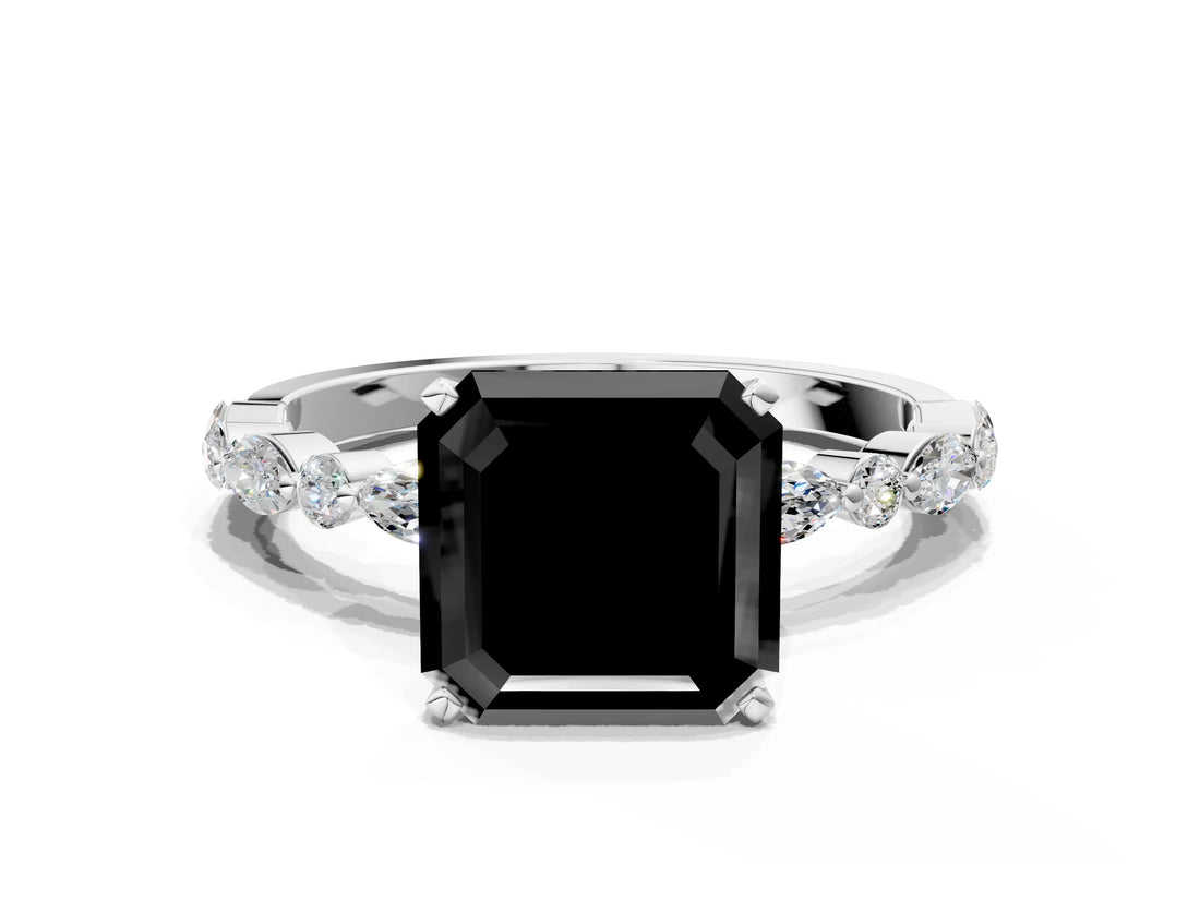 White gold Fancy Black Asscher Cut Diamond Ring with Marquise and Round  Side Stones and Four-Prong Setting_36
