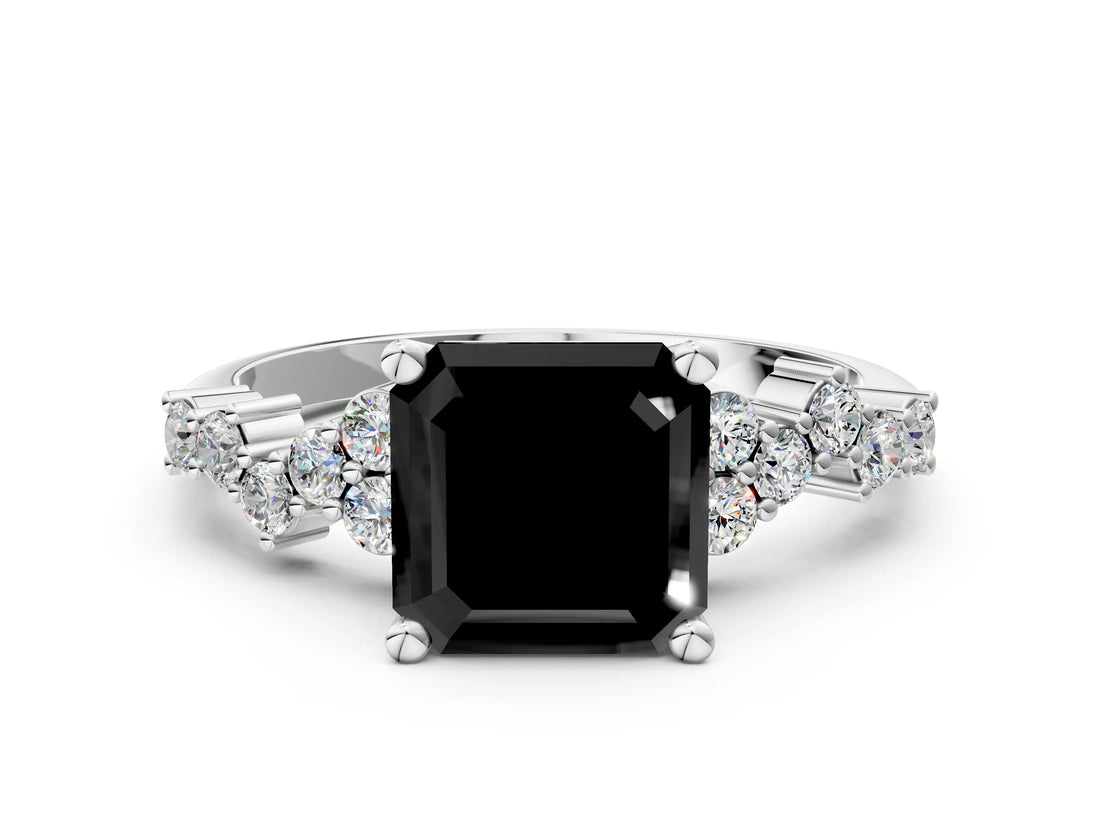 White gold Fancy Black Asscher Cut Diamond Scattered Round Accent Ring with Prong Setting_12