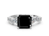 White gold Fancy Black Asscher Cut Diamond Scattered Round Accent Ring with Prong Setting_12