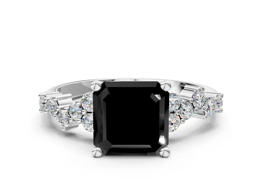White gold Fancy Black Asscher Cut Diamond Scattered Round Accent Ring with Prong Setting_24