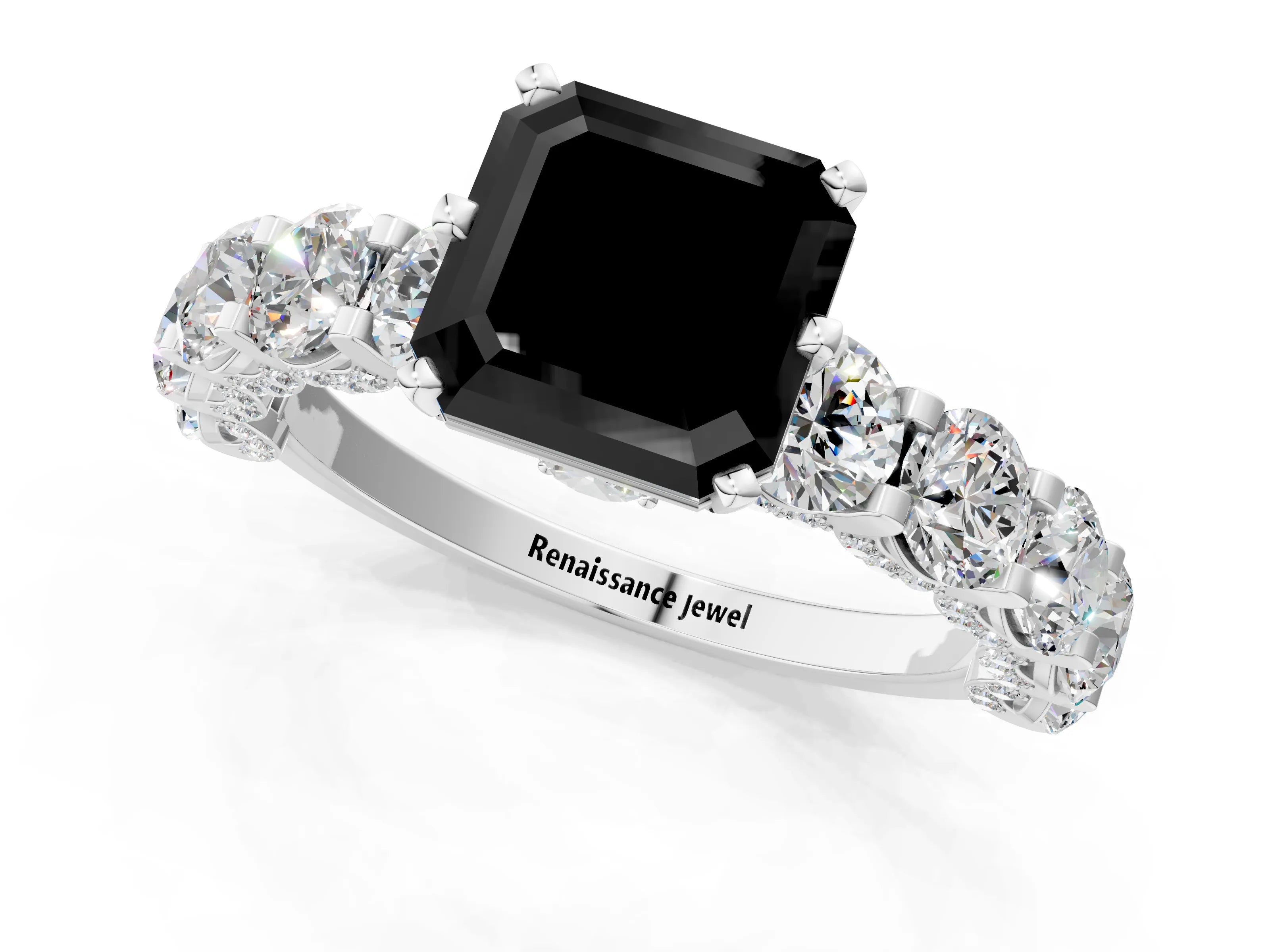 White gold Fancy Black Asscher Cut Diamond Side Stone Engagement Ring with Four-Prong Setting_25