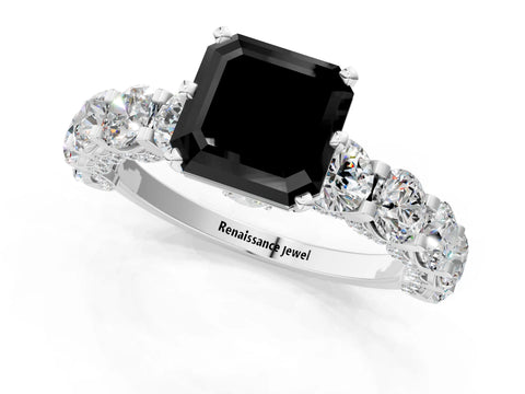 White gold Fancy Black Asscher Cut Diamond Side Stone Engagement Ring with Four-Prong Setting_25