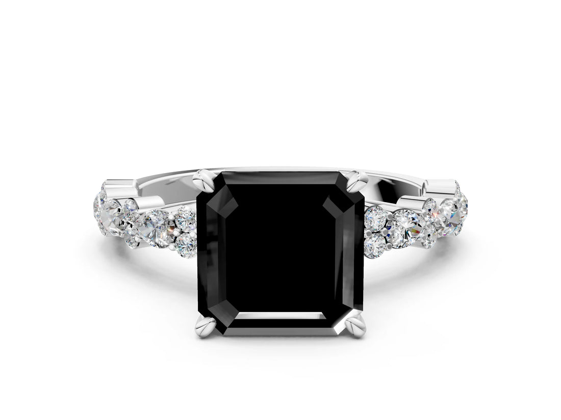White gold Fancy Black Asscher Cut Diamond Side Stone Solitaire Ring with Round  and Four-Prong Setting_12