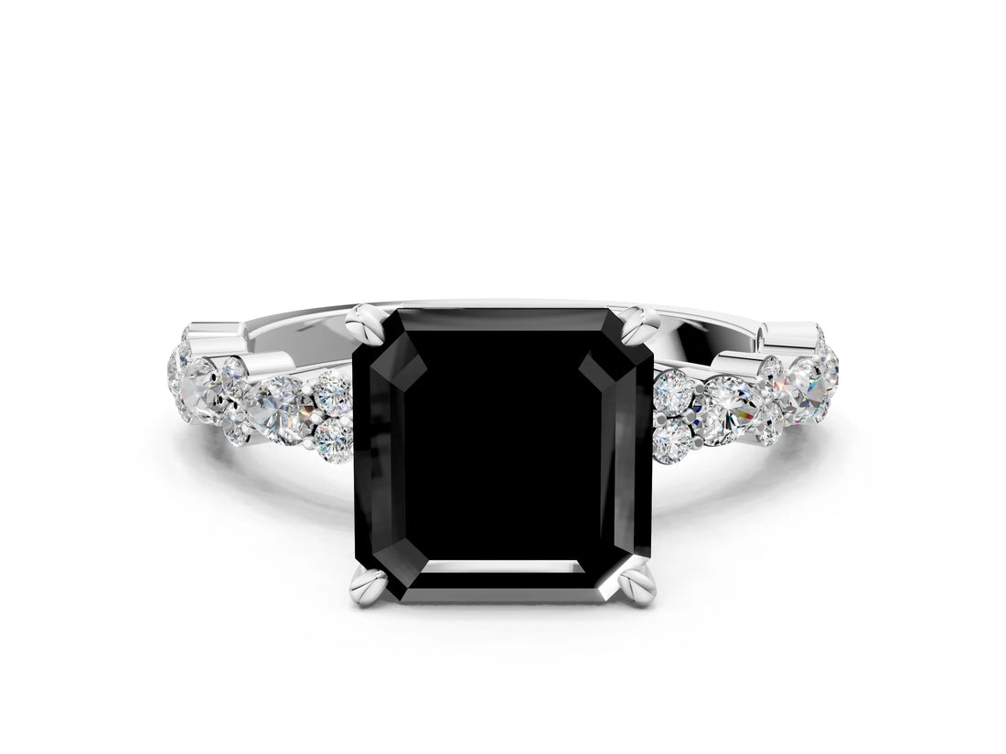 White gold Fancy Black Asscher Cut Diamond Side Stone Solitaire Ring with Round  and Four-Prong Setting_60