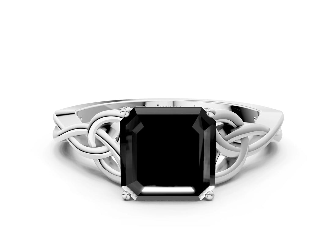 White gold Fancy Black Asscher Cut Diamond Solitaire Engagement Ring with Celtic Knot Band and Four-Prong Setting
